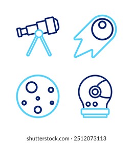 Set line Astronaut helmet, Planet Mars, Comet falling down fast and Telescope icon. Vector