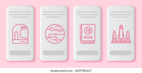 Set line Astronaut helmet, Planet Mars, Book by astronomy and Rocket launch from the spaceport. White rectangle button. Vector