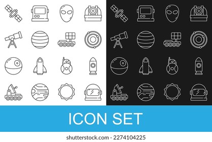 Set line Astronaut helmet, Rocket ship, Solar system, Alien, Planet Venus, Telescope, Satellite and Mars rover icon. Vector