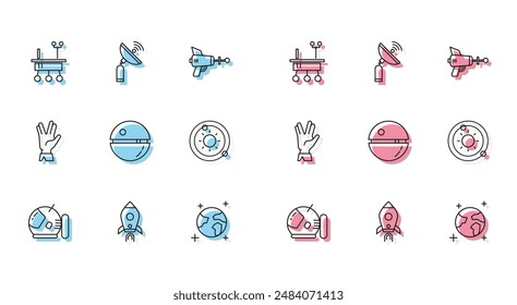 Set line Astronaut helmet, Rocket ship with fire, Mars rover, Earth globe, Death star, Solar system, Vulcan salute and Radar icon. Vector