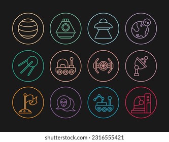Set line Astronaut helmet, Satellite dish, UFO flying spaceship, Mars rover, Planet, Cosmic and Space capsule icon. Vector