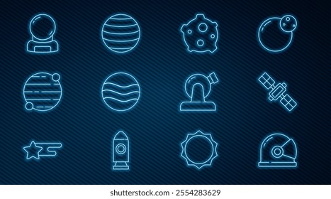 Set line Astronaut helmet, Satellite, Asteroid, Planet, Astronomical observatory and Venus icon. Vector