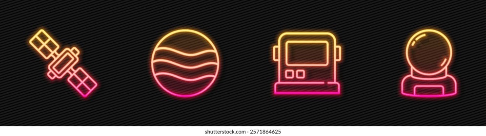 Set line Astronaut helmet, Satellite, Planet and . Glowing neon icon. Vector