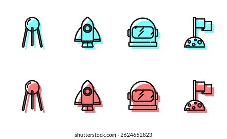Set line Astronaut helmet, Satellite, Rocket ship and Moon with flag icon. Vector