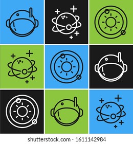 Set line Astronaut helmet, Solar system and Planet icon. Vector