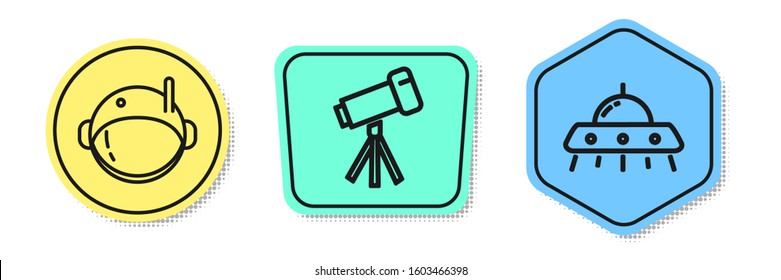 Set line Astronaut helmet, Telescope and UFO flying spaceship. Colored shapes. Vector
