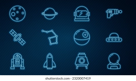 Set Line Astronautenhelm, UFO fliegendes Raumschiff, Große Bärenkonstellation, Satellit, Planet Mars, Todesstar und Saturn Ikone. Vektorgrafik