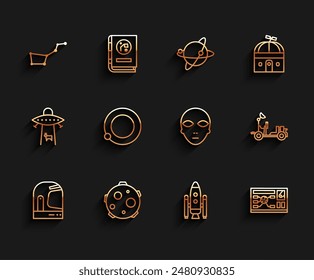 Set line Astronaut helmet, UFO abducts cow, Great Bear constellation, Space shuttle and rockets, Futuristic hud interface, Satellites orbiting the planet Earth, Mars rover and Alien icon. Vector