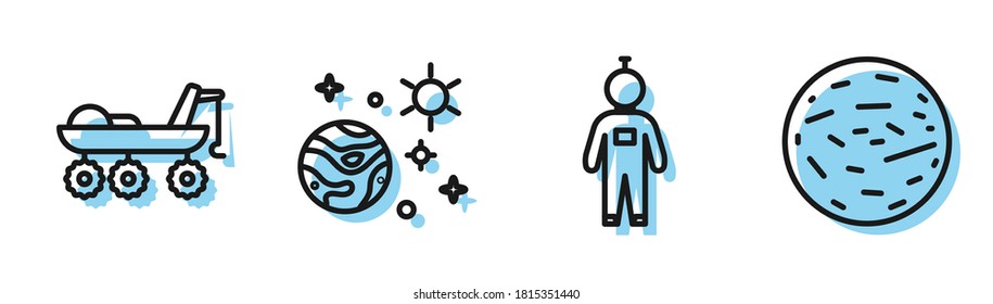 Set line Astronaut, Mars rover, Space and planet and Planet Mars icon. Vector