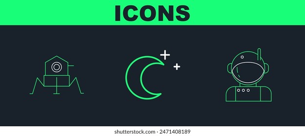 Set line Astronaut, Mars rover and Moon and stars icon. Vector