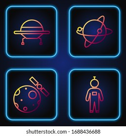 Set line Astronaut, Satellites orbiting the planet Earth, UFO flying spaceship and Satellites orbiting the planet Earth. Gradient color icons. Vector