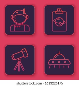 Set line Astronaut, Telescope, Planet and UFO flying spaceship. Blue square button. Vector