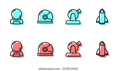 Set line Astronomical observatory, Astronaut helmet,  and Rocket ship icon. Vector