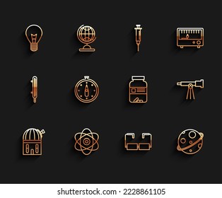 Set line Astronomical observatory, Atom, Light bulb with concept of idea, Glasses, Planet, Compass, Telescope and Medicine bottle and pills icon. Vector