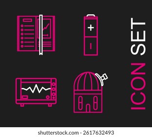 Set line Astronomical observatory, Computer monitor with cardiogram, Battery and Notebook icon. Vector