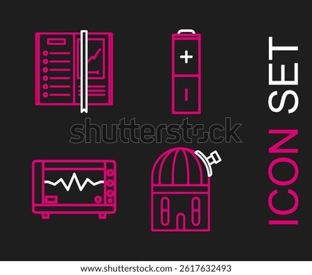 Set line Astronomical observatory, Computer monitor with cardiogram, Battery and Notebook icon. Vector