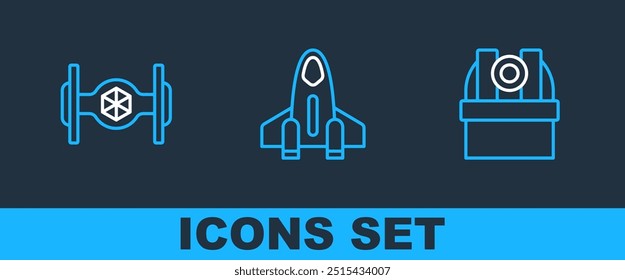 Set line Astronomical observatory, Cosmic ship and Rocket icon. Vector