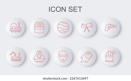 Set line Astronomical observatory, Mars rover, Planet, Comet falling down fast, Space capsule and Alien icon. Vector