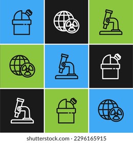 Set line Astronomical observatory, Microscope and Planet earth and radiation icon. Vector