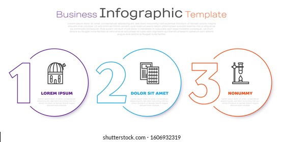 Set line Astronomical observatory, Pills in blister pack and Glass test tube flask on fire heater. Business infographic template. Vector