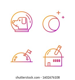 Set line Astronomical observatory, Planet with flag, Dog in astronaut helmet and Moon and stars. Gradient color icons. Vector