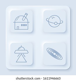 Set line Astronomical observatory, Planet, UFO flying spaceship and Planet. White square button. Vector