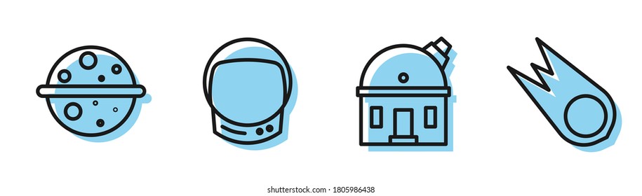 Set line Astronomical observatory, Planet Venus, Astronaut helmet and Comet falling down fast icon. Vector
