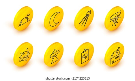 Set line Astronomical observatory, Planet, UFO flying spaceship, Black hole, Satellite, Moon and stars and with flag icon. Vector