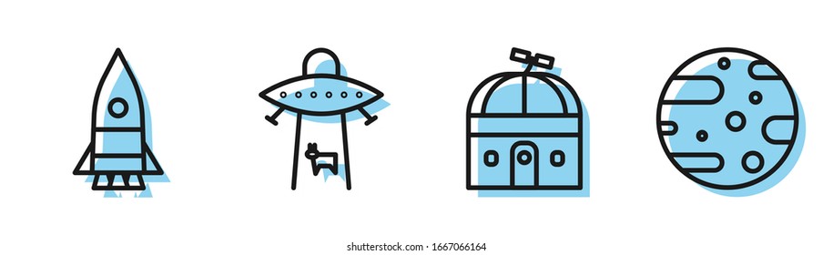 Set line Astronomical observatory, Rocket ship, Planet and Satellite dish icon. Vector