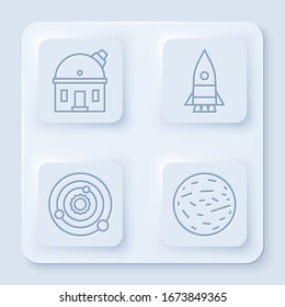 Set line Astronomical observatory, Rocket ship, Solar system and Planet Mars. White square button. Vector