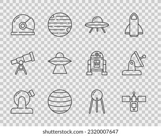 Set line Astronomical observatory, Satellite, UFO flying spaceship, Planet Venus, Astronaut helmet,  and dish icon. Vector