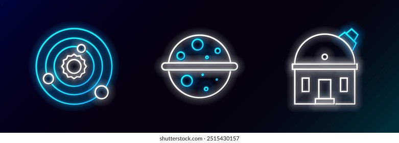 Set line Astronomical observatory, Solar system and Planet Venus icon. Glowing neon. Vector