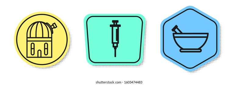 Set line Astronomical observatory, Syringe and Mortar and pestle. Colored shapes. Vector