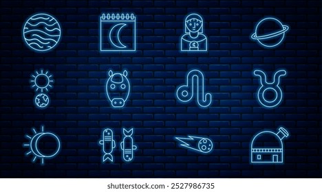 Definir linha Observatório astronômico, Zodíaco Taurus, Mulher da astrologia, Cavalo, Solstício, Planeta Vênus, Leão e Lua ícone do calendário das fases. Vetor