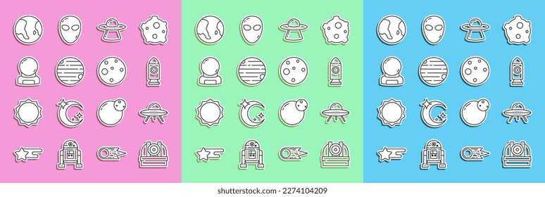 Set line Astronomical observatory, UFO flying spaceship, Rocket, Planet, Astronaut helmet, Earth globe and Mars icon. Vector