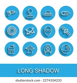 Set line Astronomical observatory, UFO flying spaceship, Ray gun, Mars rover, Death star, Satellites orbiting the planet,  and Alien icon. Vector