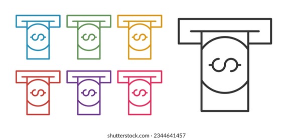 Set line ATM - Automated Teller Machine und Geld Symbol einzeln auf weißem Hintergrund. Stellen Sie die Symbole bunt ein. Vektorgrafik