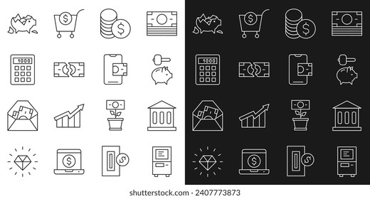 Set line ATM, Bank building, Piggy bank and hammer, Coin money with dollar, Tearing banknote, Calculator, Broken piggy and Mobile banking icon. Vector