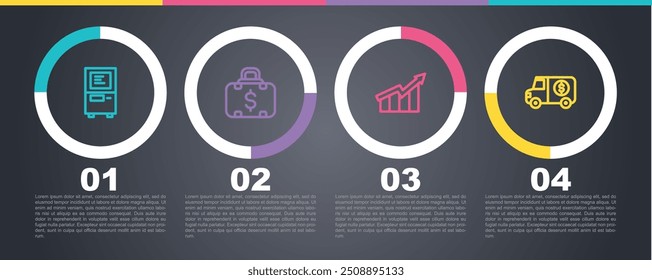 Set linha ATM, Porta-arquivos e dinheiro, Aumento do crescimento financeiro e Caminhão blindado. Modelo de infográfico comercial. Vetor
