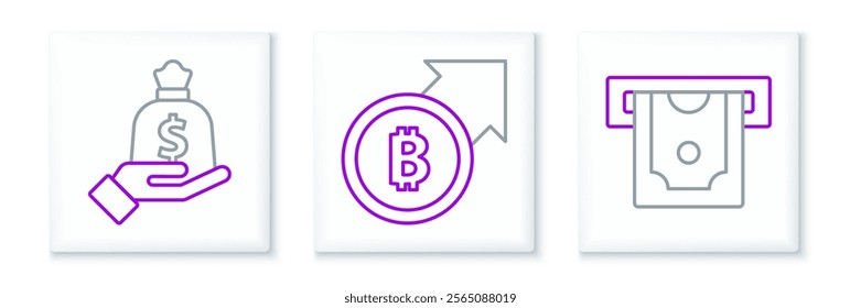 Set line ATM and money, Hand holding bag and Financial growth bitcoin icon. Vector