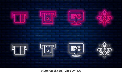 Set line ATM and money, IPO, Credit card inserted and Dollar, share, network. Glowing neon icon on brick wall. Vector