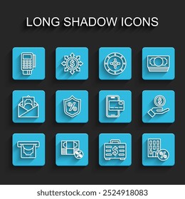 Set line ATM and money, Money percent, POS terminal with credit card, Briefcase, House percant discount, Loan, Hand giving and Mobile banking icon. Vector