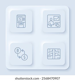 Set line ATM and money, Trading courses, Cryptocurrency exchange and Stacks paper cash. White square button. Vector