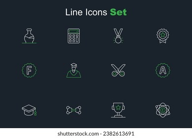 Set line Atom, Award cup, Molecule, Graduation cap, Exam sheet with plus grade, Scissors, Graduate and graduation and paper incorrect answers icon. Vector