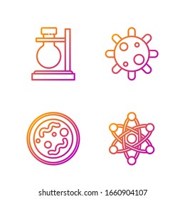 Set line Atom, Bacteria, Test tube flask on stand and Bacteria. Gradient color icons. Vector