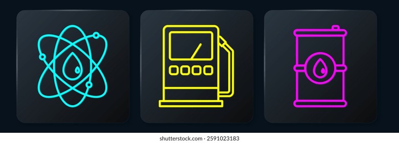 Set line Atom, Barrel oil and Petrol or gas station. Black square button. Vector