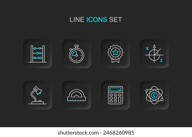 Set line Atom, Calculator, Protractor grid, Table lamp, Trigonometric circle, Medal with star, Stopwatch and Abacus icon. Vector