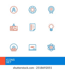 Definir linha Atom, Chalkboard, CD ou DVD disco, ideia de luz lâmpada criativo, distintivo de identificação, Área de transferência com lista de verificação, estrela Medal e ícone Gear. Vetor