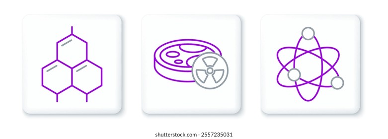 Set line Atom, Chemical formula and Test tube with toxic liquid icon. Vector