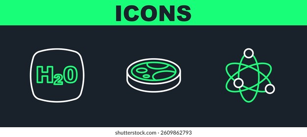 Set line Atom, Chemical formula H2O and Petri dish with bacteria icon. Vector